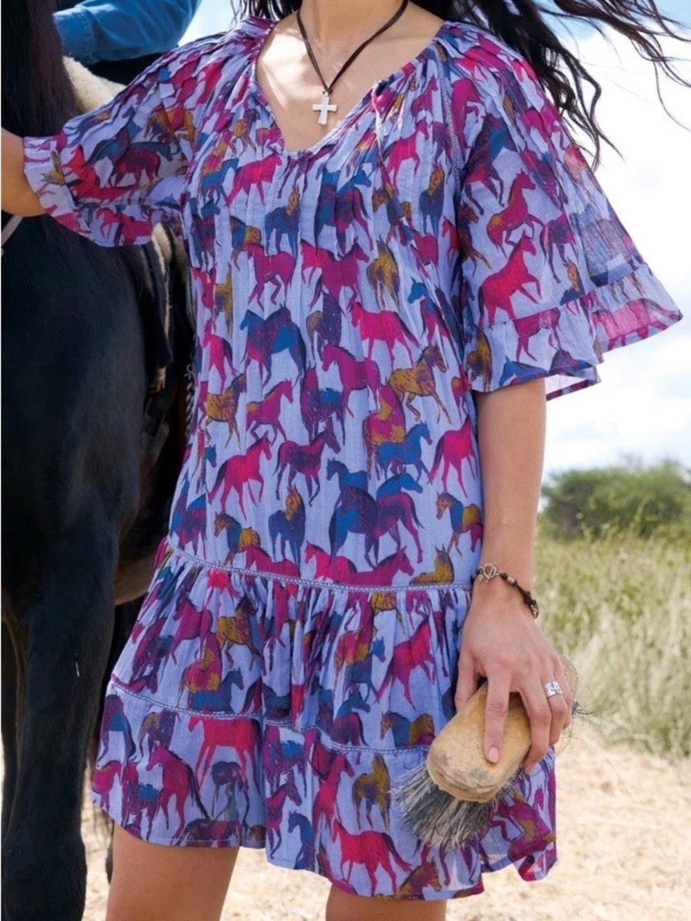 Sundance Aisha Printed Dress Periwinkle Horse Print | Size XL